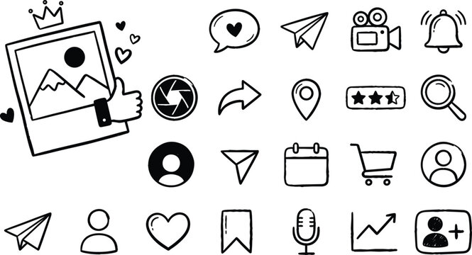 hand drawn social media doodles and interface elements collection isolated on white background for application interface and website design
