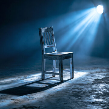 Single wooden vintage chair illuminated by a sharp spotlight in dark space