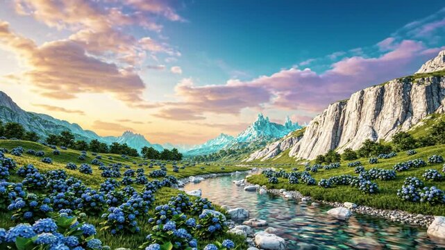 Stunning Mountain Landscape with a Flowing River and Blue Hydrangea Flowers Under a Sunset Sky