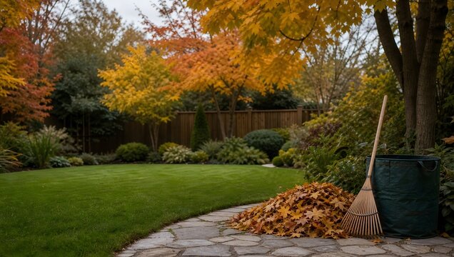 Raked pile of autumn maple leaves beside green garden waste bag and leaf rake.