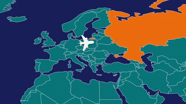 Flight Map Animation Showing Airplane Route Travelling From USA to Russia. Perfect visual for video editors, content creators, and marketing agencies needing high-end geographical transitions.