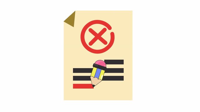 Rejected document cartoon animation with red cross mark and pencil editing text isolated on an alpha channel for failed task notification element concept.