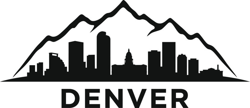 Minimalist black silhouette of the denver city skyline with rocky mountains in the background on white