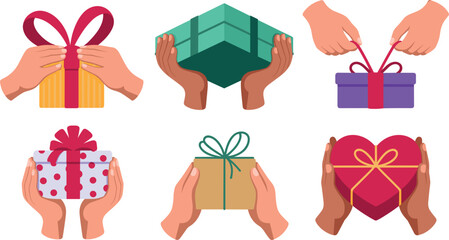Art & IllustrationHands Holding and Unwrapping Gift Boxes Vector Set featuring Heart Shaped Box and Polka Dot Presents for Holiday Greetings and Celebration Graphic Designs © Roshidul