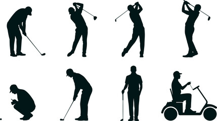 Naklejka premium Art & IllustrationProfessional Golfer Silhouette Icon Set with Players Swinging Driving Ball Putting Standing and Riding Golf Cart for Sports Graphic Designs