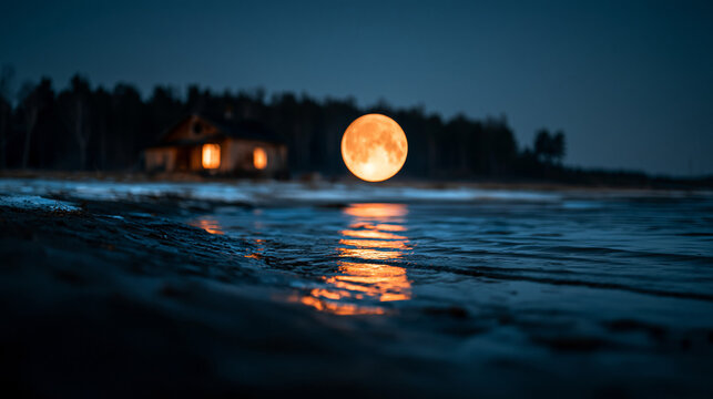 Full moon rising over calm water surface with reflection and distant silhouette