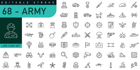 Army Military Line Icons Set – Editable Stroke Defense, Soldier, Tactical Equipment, Weapons, Security, Combat Vector Icon Collection © Hamzayounas
