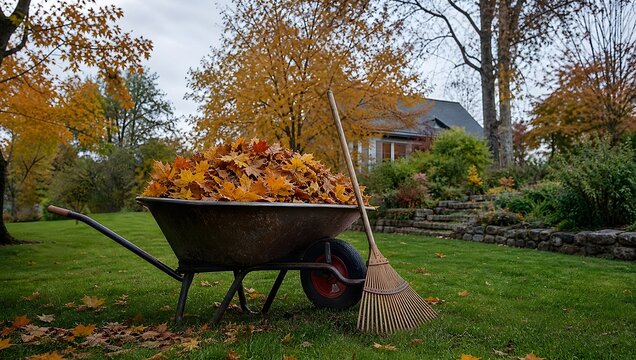 Wheelbarrow full of autumn leaves with rake on backyard lawn.