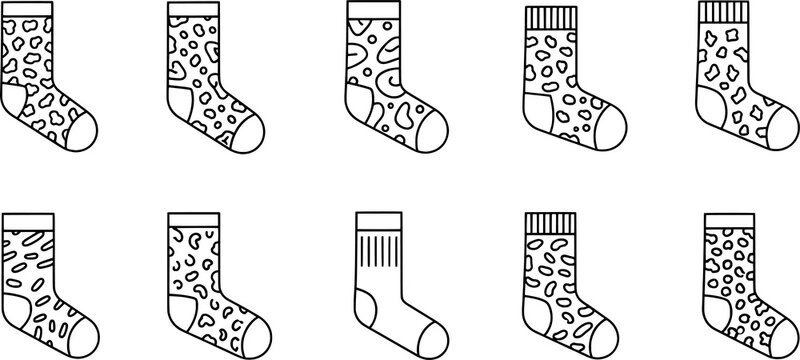 Black sock silhouettes, patterned footwear vector illustration set, abstract design collection, clothing icons, fashion accessory artwork graphics