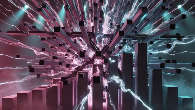 Abstract Ascending Growth Bars with Volumetric Lighting in Wine and Neon Cyan Palette