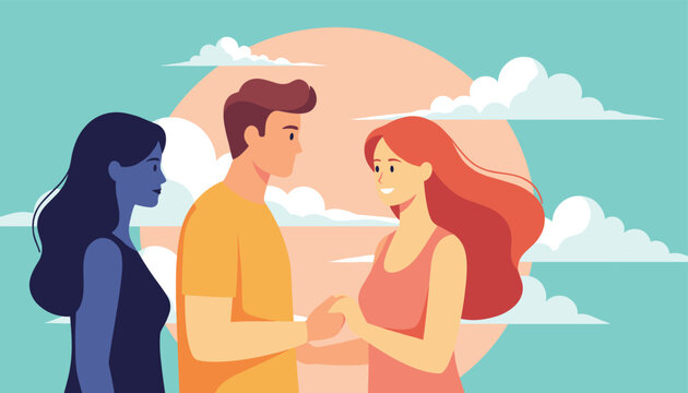 Romantic couple holding hands on a sunset sky background with a mysterious female shadow representing memories of past love.
