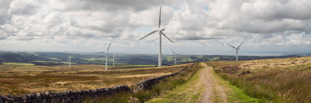 Wind turbines dot a rural countryside landscape