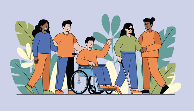 Diverse group of disabled and able-bodied people walking and smiling together representing accessibility and inclusion.