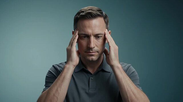 Headache, man and stress with migraine for mental health, pain relief and employee burnout. Male person, pressure and focus in studio with tired expression, suffering and medical problem for help