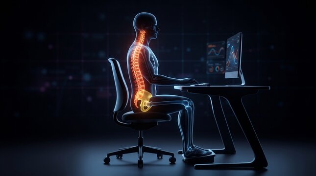 A person sitting at a desk with an illuminated skeletal overlay highlighting spinal and joint stress while working on a laptop
