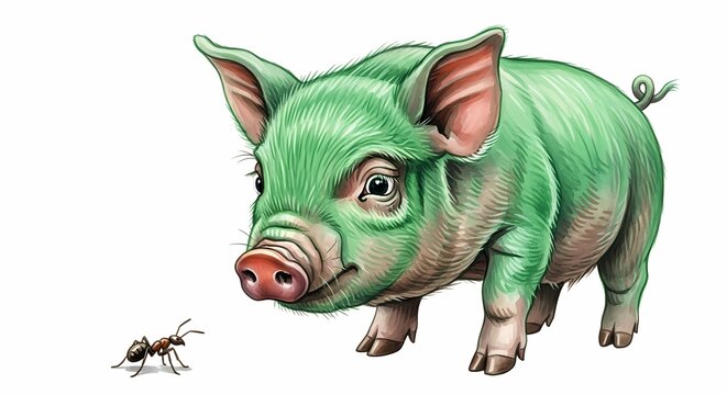 Green Pig and Ant, fable illustration, cute cartoon, rural farm animal, funny insect interaction, farm life, funny animal moment, school book design, ecology
