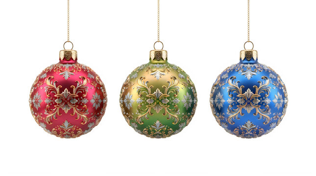 Three colorful christmas ornaments with gold patterns hanging for holiday tree decoration
