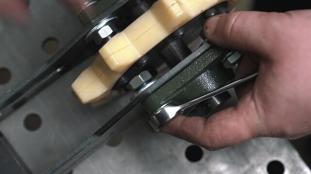 An engineer assembles a transmission mechanism with a bearing. He inserts bolts into the grooves, installs washers, and tightens the nuts with a hex wrench. Then checks the mechanism's functionality