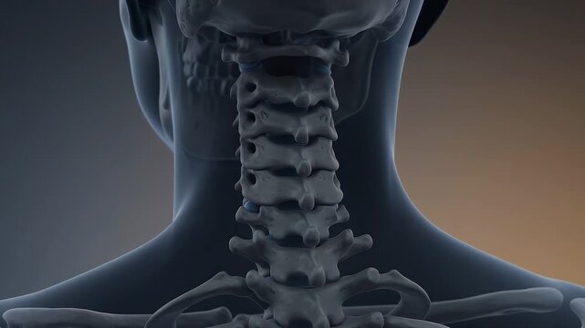 Human spine, neck and cervical vertebrae with skeletal structure for medical analysis. Anatomy, bone and healthcare with orthopedic diagnosis, physiotherapy and body science clinic systems view.