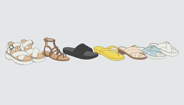 Collection of diverse summer shoes and sandals for women including platform sandals, gladiators, flip-flops, and slides.