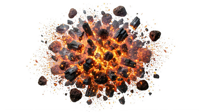 Fiery explosion of burning rocks and glowing embers scattering in the air