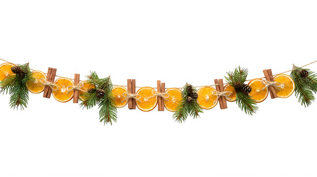 Christmas garland made with dried orange slices cinnamon sticks and green pine branches