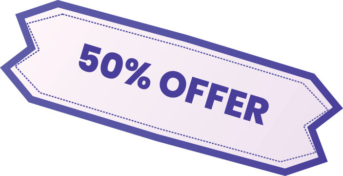 A modern and clean purple promotional sticker badge featuring the text 50% offer displayed in a bold sans-serif font against a light purple background color.