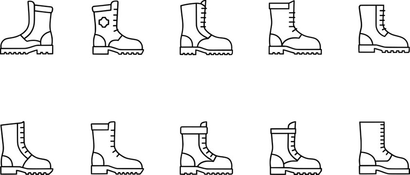 Boot silhouettes collection, rugged footwear icons, combat hiking illustration, outdoor fashion design, minimalist black vector artwork