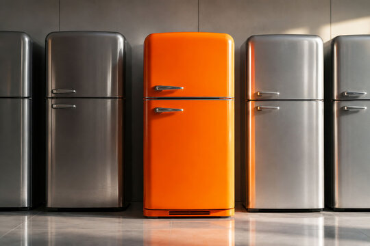 The Last Color in Modern Design Concept with Vibrant Orange Refrigerator Standing Out Among Monochrome Appliances Symbolizing Individuality, Nostalgia and the Return of Personality to Contemporary Int