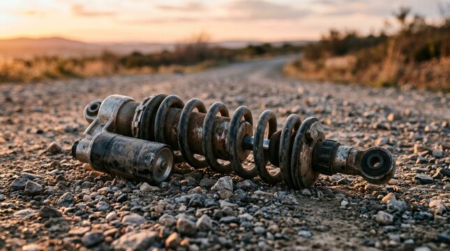 Old Rusty Motorcycle Shock Absorber on Gravel Road.