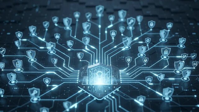 Cybersecurity data protection and network safety with digital shield, cloud encryption and internet privacy. Online server, tech firewall and information access with system security for web growth