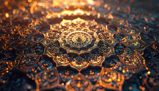 Intricate Golden Mandala Pattern Glowing on Ornate Decorative Surface