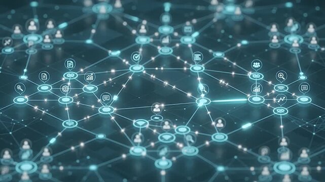 Digital network connection and technology for data communication, global internet and social media. Business, information and cyberspace with glowing icons, web interface and secure big data.