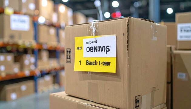 Labeled Cardboard Box Stacked on Pallet in Warehouse Storage Aisle