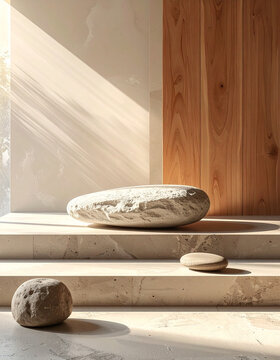Minimalist Stone Podium With Natural Wood Panels And Sunlight in Japandi Wabi Sabi Interior Scene