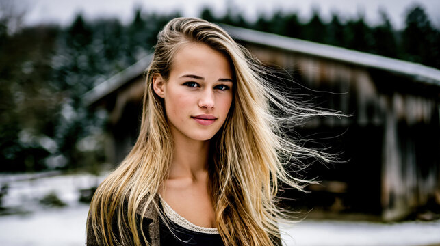 Young woman portrait blonde hair winter outdoor casual natural light countryside snow wooden house wind serene expression face close up model caucasian blue eye long hair hairstyle beauty skin