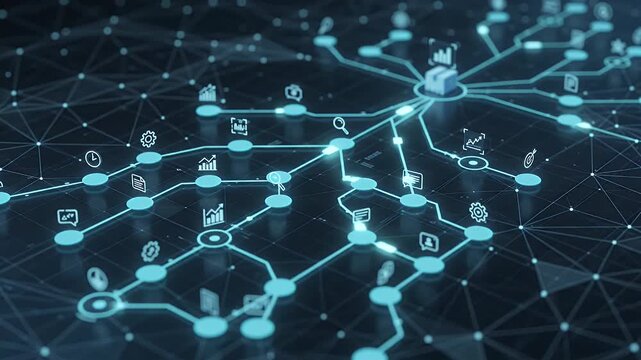 Logistics, supply chain and digital network for business distribution, warehouse management and global shipping. Technology, internet and connection with data icons, automation and parcel delivery fl