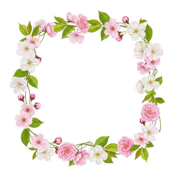 Beautiful square frame made of pink and white spring flowers