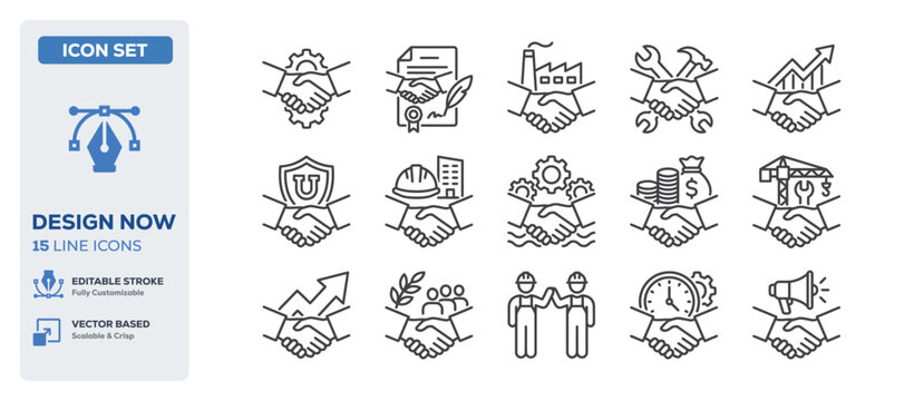 flat vector illustration line art icon bundle set design covering corporate business teamwork shaking hands deal partnerships meeting strategy networking trust successes