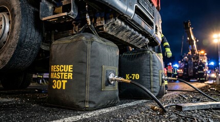 Fototapeta premium Heavy duty pneumatic lifting bags used by rescue services at a traffic accident scene at night.