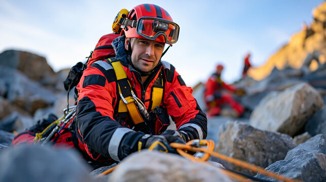 Solitary mountain rescue technician in full winter gear rappelling down a sheer industrial quarry face in overcast morning light, vertical rescue operation, rope access emergency response, high-angl