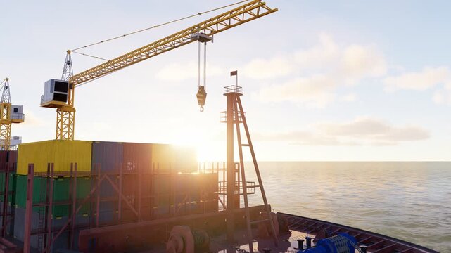 Container cargo ship transporting freight across the ocean, ideal for global logistics, commercial shipping, international trade, import, export, and maritime transportation content.

