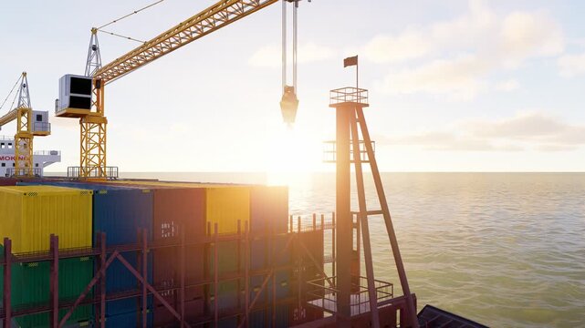 Container cargo ship transporting freight across the ocean, ideal for global logistics, commercial shipping, international trade, import, export, and maritime transportation content.