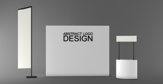 Modern market stand with two beach flags and a blank central display wall isolated on a white background, ideal for retail promotions, trade shows, exhibitions.