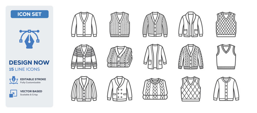 flat vector illustration line art icon bundle set design illustrating male classic fashion formal menswear suits stylish clothing winter warm sweaters fashion apparels