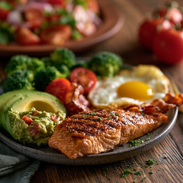 Healthy dinner plate with grilled salmon fillet avocado broccoli and egg, broccoli