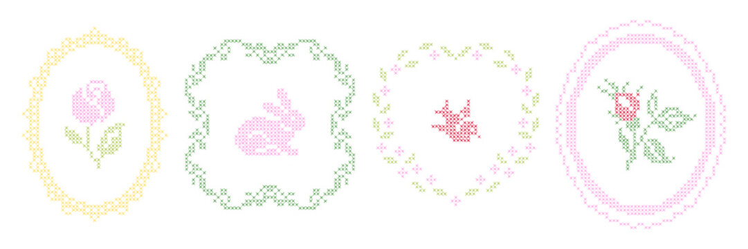 Cross-stitch frames and borders. Oval, round shapes with vintage embroidery elements. Retro hand made covers for branding, scrapbooking and social media.