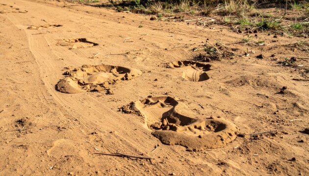 Large Animal Tracks Imprinted in Sandy Dirt Trail in Dry Wilderness