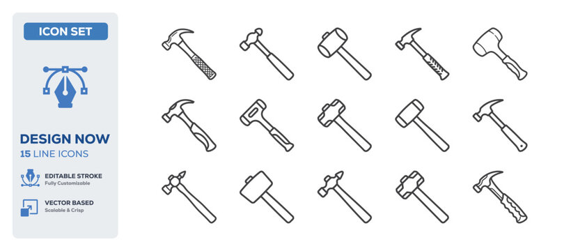 flat vector illustration line art icon bundle set design representing hand tools fixing equipments builder hammer mechanical constructions maintenance repair mechanic UI