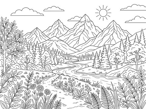 Foliage and Mountain coloring page on an isolated white background. Generated with AI